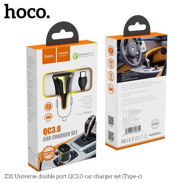 Автомобильное зарядное Hoco Z31 Universe Type-C cable 2USB, QC3.0, 3.4A, 18W (709851) 105193 фото