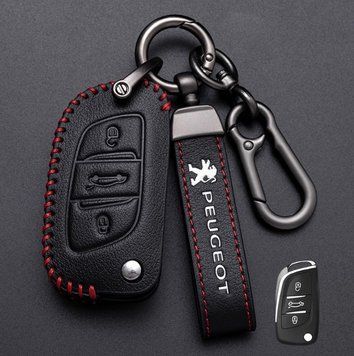 Кожаный чехол для ключа Peugeot 3 кнопок под выкидной ключ V.3 + брелок с логотипом авто 108912 фото
