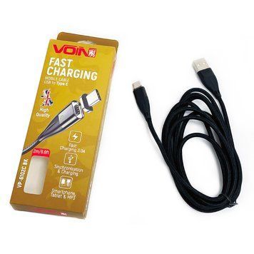 Кабель Voin 6102C LED Green USB - Type C 3,0A 2м магнитный Black (VC-6102C BK) 100259 фото