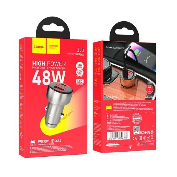 Автомобильное зарядное Hoco Z50 Leader dual-port digital display 1USB 1Type-C PD/QC 3A 48W (25868) 123799 фото