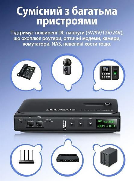 Повербанк для роутера UPS Docreate DC1036L 36W USB LAN POE (без аккумуляторів 18650) 123516 фото