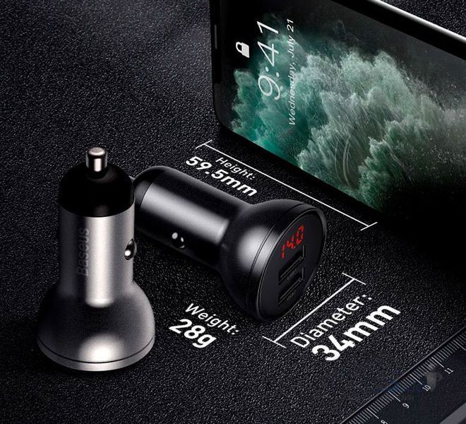Зарядное устройства для телефонов Baseus Digital Display Dual USB 4.8A Car Charger 24W (CCBX-0S) Sil 89334 фото