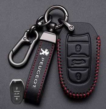 Кожаный чехол для ключа Peugeot 4 кнопки + брелок с логотипом авто 108911 фото