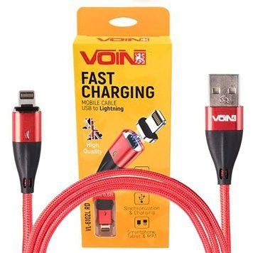 Кабель Voin 6102L LED Green USB - Lightning 3,0A 2м магнитный Red (VC-6102L RD) 106595 фото