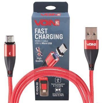 Кабель Voin 6102M LED Green USB - MicroUSB 3,0A 2м магнитный Red (VC-6102M RD) 106596 фото