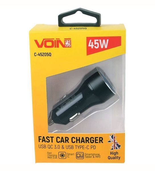 Автомобильное зарядное устройство Voin C-45205Q 45W 1USB QC3.0 18W + 1PD 27W 12-24V 95703 фото