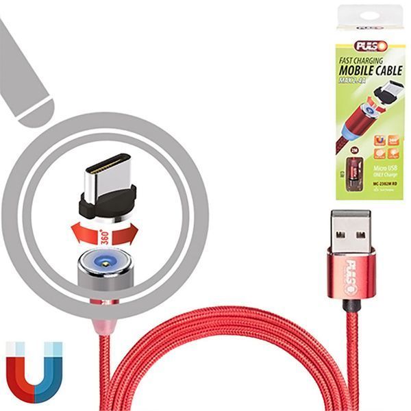 Кабель Pulso 2302M LED Blue USB - MicroUSB 2,4A 2м магнитный Red (MC-2302M RD) 106593 фото