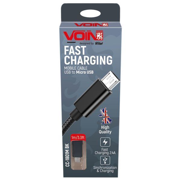 Кабель Voin 1801M USB - MicroUSB 3,0A 1м Black (CC-1801M BK) 91149 фото