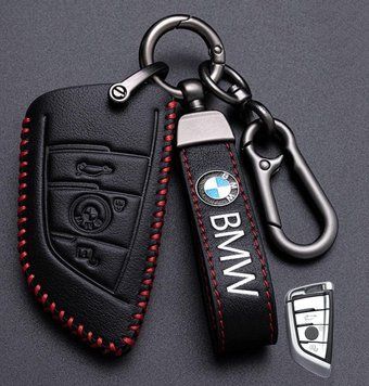 Кожаный чехол для ключа BMW New 3 кнопки + брелок с логотипом авто 108867 фото