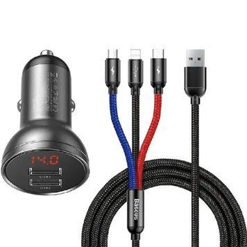 Автомобильное зарядное Baseus Digital Display Dual USB 4.8A 24W Cable 3 in 1 (TZCCBX-0G) Black 103752 фото