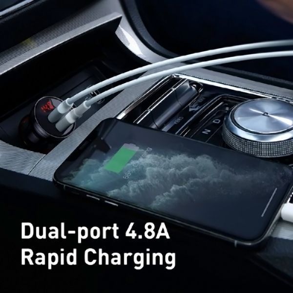 Автомобильное зарядное Baseus Digital Display Dual USB 4.8A 24W Cable 3 in 1 (TZCCBX-0G) Black 103752 фото