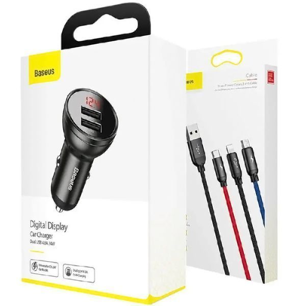 Автомобильное зарядное Baseus Digital Display Dual USB 4.8A 24W Cable 3 in 1 (TZCCBX-0G) Black 103752 фото
