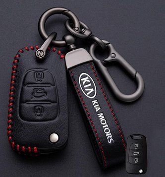 Кожаный чехол для ключа Kia 3 кнопки V.2 + брелок с логотипом авто 108888 фото