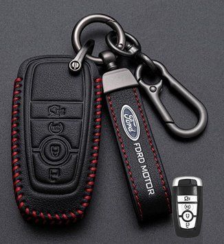 Кожаный чехол для ключа Ford 4 кнопки + брелок с логотипом авто 108872 фото