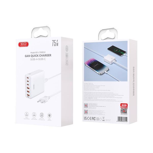Адаптер сетевой XO GaN Desktop Fast Charger Power Cord L133 3USB 3Type-C 75W 3A PD QC 1.5м 123174 фото