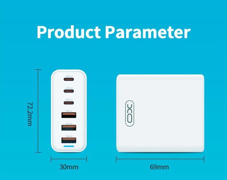 Адаптер сетевой XO GaN Desktop Fast Charger Power Cord L133 3USB 3Type-C 75W 3A PD QC 1.5м 123174 фото