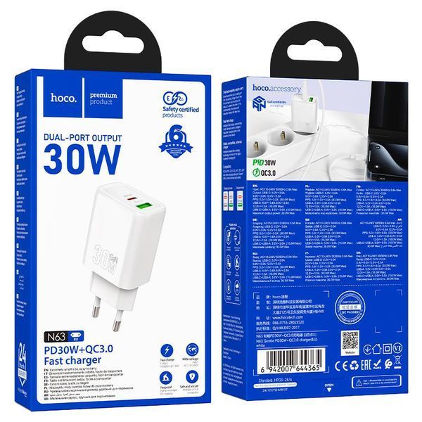 Адаптер сетевой Hoco Gentle charger N63 1USB 1Type-C 30W 3A PD QC White 123173 фото