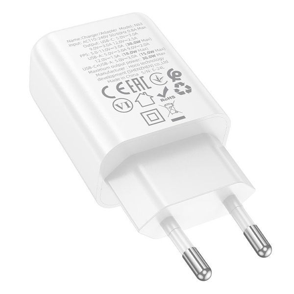 Адаптер сетевой Hoco Gentle charger N63 1USB 1Type-C 30W 3A PD QC White 123173 фото