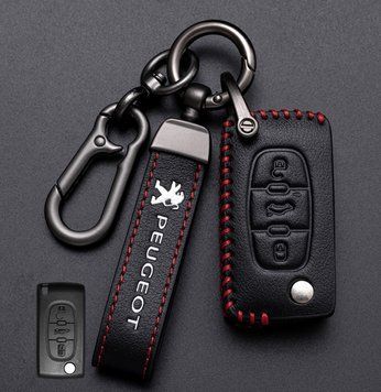 Кожаный чехол для ключа Peugeot 3 кнопки под выкидной ключ + брелок с логотипом авто 108905 фото