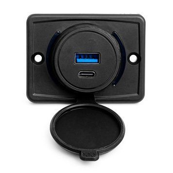 Накладний зарядний пристрій USB + Type-C DC 12-30V (DCPD + QC3.0) Blue підсвічування + провід 124339 фото