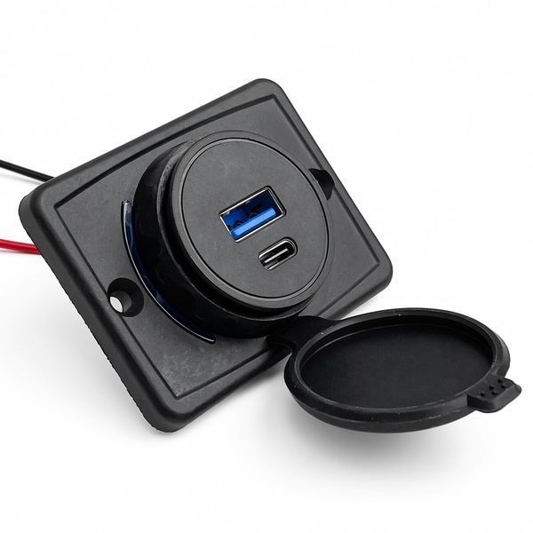 Накладний зарядний пристрій USB + Type-C DC 12-30V (DCPD + QC3.0) Blue підсвічування + провід 124339 фото