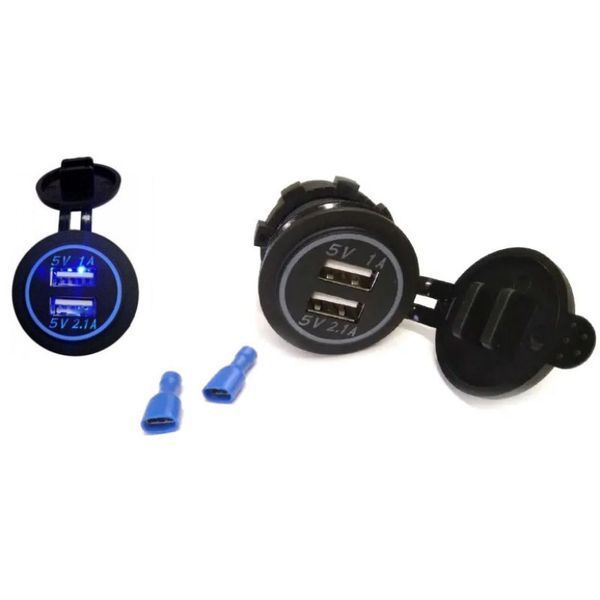 Врезное зарядное устройство 2 USB A17B DC 12-24V 5V 2,1-2,1A Blue подсветка 104216 фото