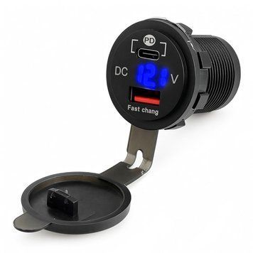 Врізний зарядний пристрій 1 USB + Type-C DC 12-24V (QC 3.0 + PD) Blue підсвічування (Вольтметр) 124338 фото