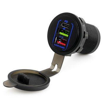 Врізний зарядний пристрій 2 USB + Type-C DC 12-24V (QC 3.1 + PD) Blue підсвічування 124337 фото