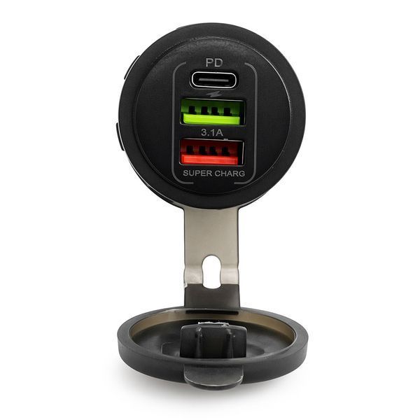 Врізний зарядний пристрій 2 USB + Type-C DC 12-24V (QC 3.1 + PD) Blue підсвічування 124337 фото