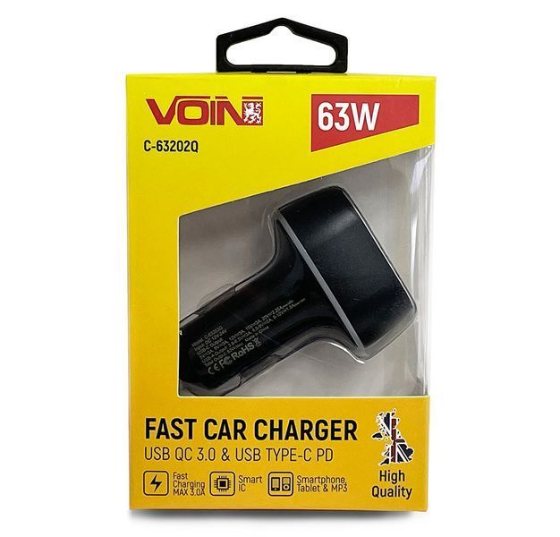 Автомобильное зарядное устройство Voin C-63202Q 1 USB QC3.0 + 1 Type-C PD (63W) 101527 фото