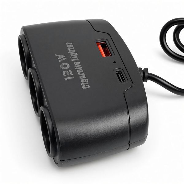 Розгалужувач у прикурювач D-24 120W 3.1А на три гнізда + USB - Type-C з проводом 124336 фото