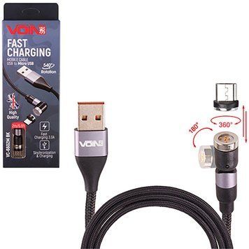 Кабель Voin 6602M BK USB - MicroUSB 3А 2м магнитный шарнирный Black (быстрая зарядка) (VC-6602M BK) 108633 фото
