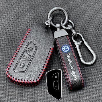 Кожаный чехол для ключа Volkswagen 3 кнопки ID3. ID4. ID6 + брелок с логотипом авто 108924 фото