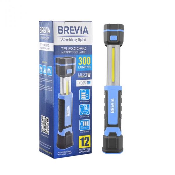 Телескопическая инспекционная лампа Brevia LED 3W COB+1W LED 300lm 2000mAh microUSB 11340 105286 фото