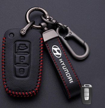 Кожаный чехол для ключа Hyundai 3 кнопки + брелок с логотипом авто 108878 фото