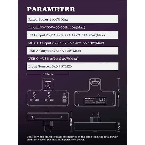 Сетевой фильтр с ночником Ldnio SC2311 LED Lamp 2500W 2Sockets 2USB 1Type-C QC-PD 3A 20W 107885 фото