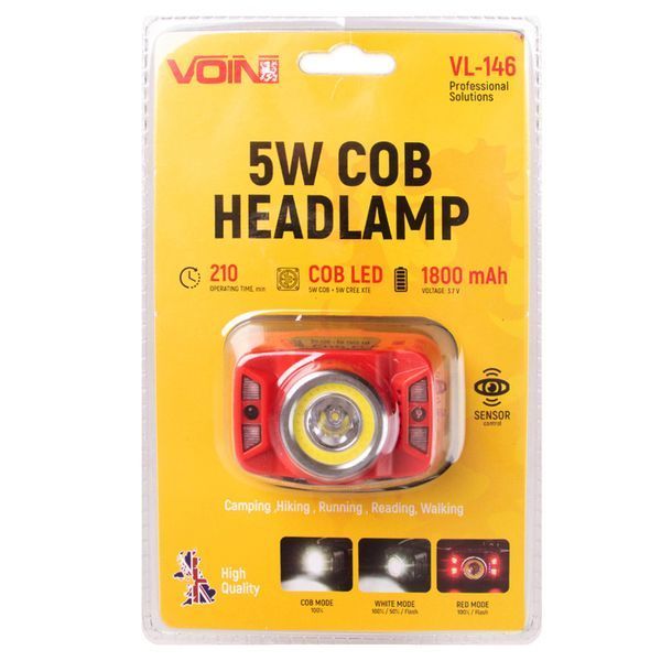 Налобний ліхтар VOIN VL-146 5W-COB+W/R+5W XPE сенсор 1800mAh 103154 фото