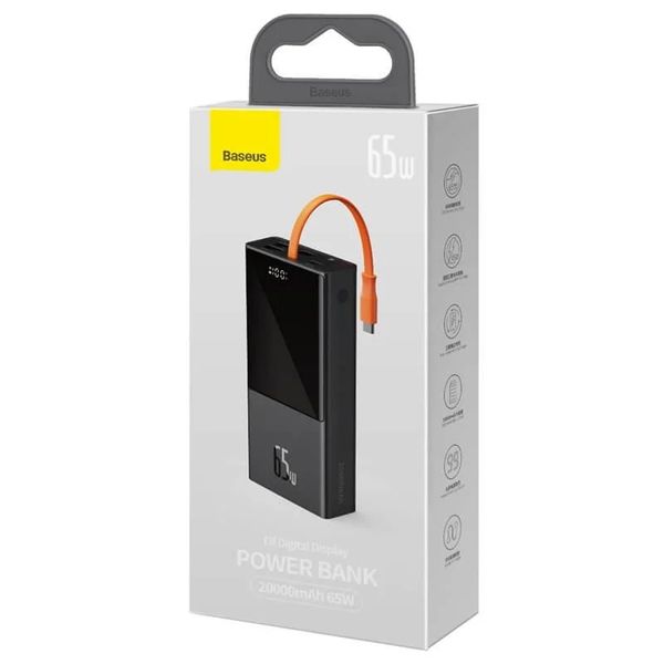 Повербанк Baseus Elf Digital Display Fast Charging 20000mAh 2USB 1Type-C + Type-C Cable 65W 5A (PPJL000001) Black 109758 фото