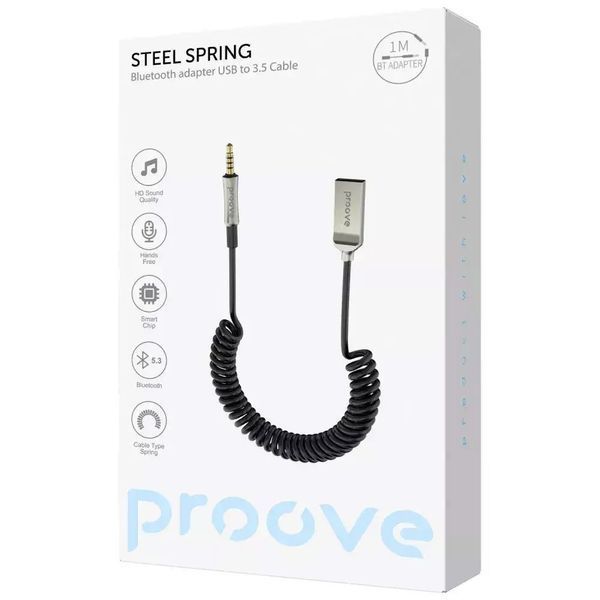 Bluetooth AUX аудіо адаптер Proove Steel Spring USB to 3.5 Cable&nbsp;BT5.3 1m&nbsp;Black 124662 фото