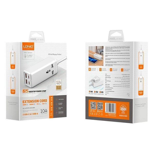 Подовжувач мережевий Ldnio SC1418 2USB 2Type-C 1Sockets QC-PD 65W-10A 2m EU Plug White 107613 фото