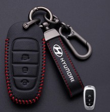 Кожаный чехол для ключа Hyundai 3 - 4 кнопки + брелок с логотипом авто