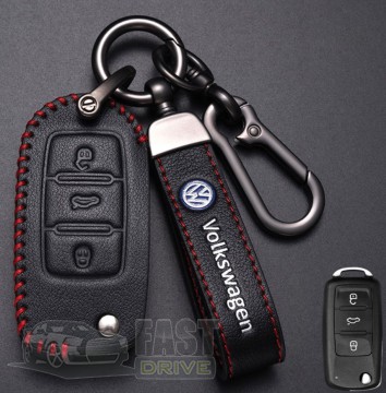 RedLine Кожаный чехол для ключа Volkswagen 3 кнопки + брелок с логотипом авто
